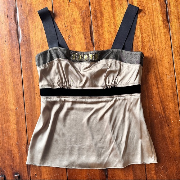 Ellie Tahari Silk Embellished Champagne/ Gold Color Top W/ Black Velvet & Lace M - Picture 9 of 15